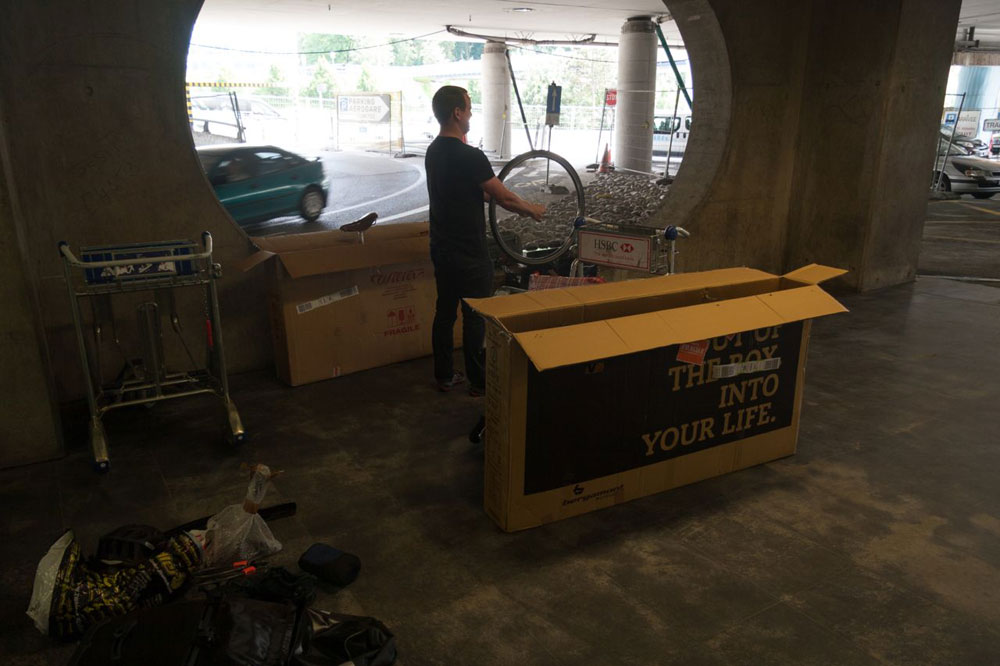 Putting our bikes together at the airport